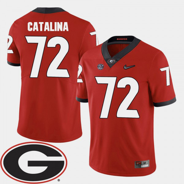 Men's #72 Tyler Catalina Georgia Bulldogs College Football 2018 SEC Patch Jersey - Red